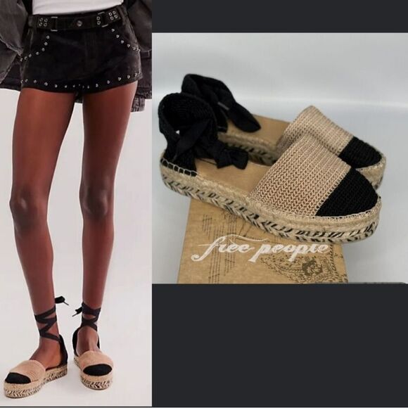 Free People Shoes - NEW FREE PEOPLE black tan ISLAND espadrille wrap wedge sandals 39 8 1/2 8.5 NWT